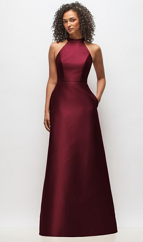 Front View - Cabernet High-Neck Cutout Satin Dress with Pockets