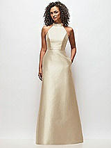 Front View Thumbnail - Champagne High-Neck Cutout Satin Dress with Pockets