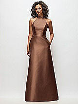 Front View Thumbnail - Cognac High-Neck Cutout Satin Dress with Pockets