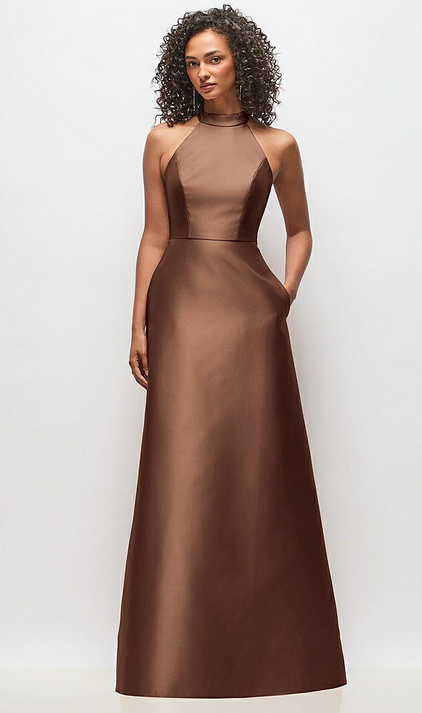 Front View - Cognac High-Neck Cutout Satin Dress with Pockets