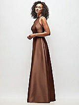 Side View Thumbnail - Cognac High-Neck Cutout Satin Dress with Pockets