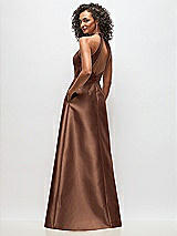 Rear View Thumbnail - Cognac High-Neck Cutout Satin Dress with Pockets