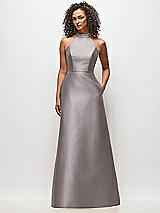 Front View Thumbnail - Cashmere Gray High-Neck Cutout Satin Dress with Pockets
