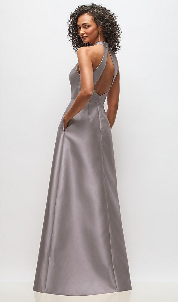 Back View - Cashmere Gray High-Neck Cutout Satin Dress with Pockets