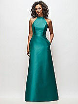Front View Thumbnail - Jade High-Neck Cutout Satin Dress with Pockets