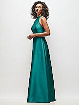 Side View Thumbnail - Jade High-Neck Cutout Satin Dress with Pockets