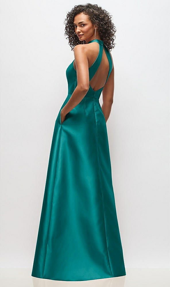 Back View - Jade High-Neck Cutout Satin Dress with Pockets