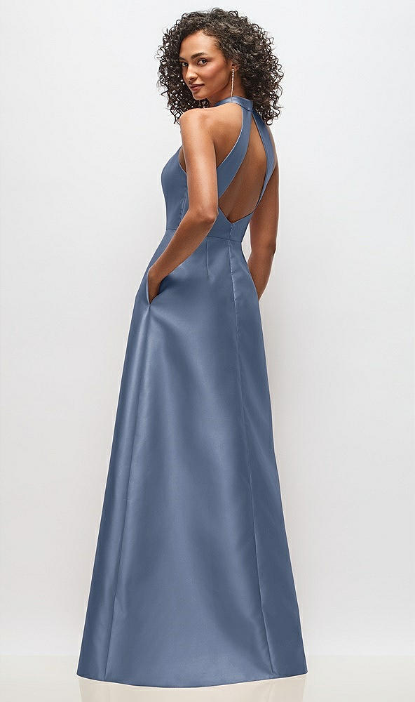 Back View - Larkspur Blue High-Neck Cutout Satin Dress with Pockets