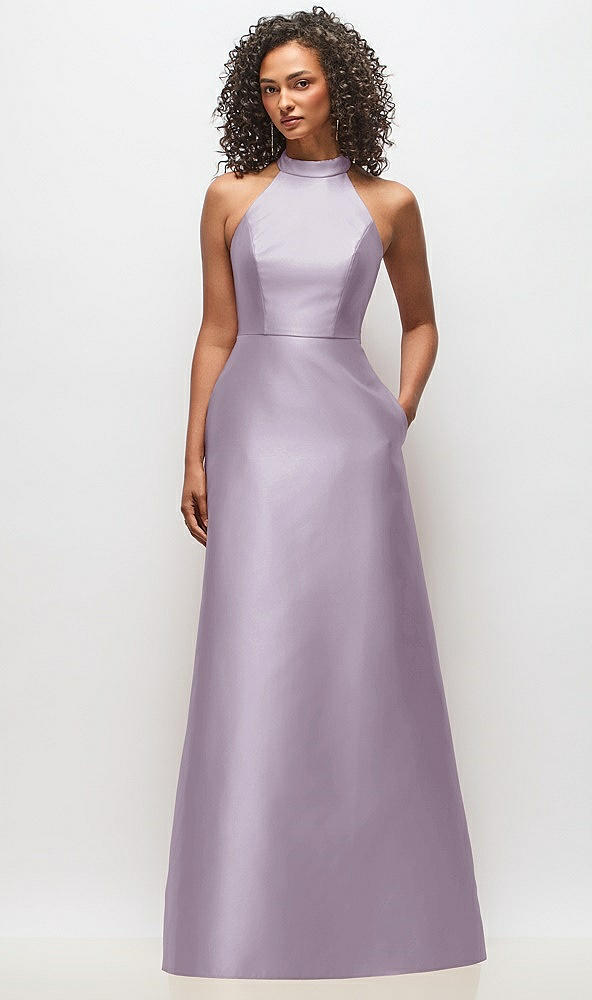 Front View - Lilac Haze High-Neck Cutout Satin Dress with Pockets