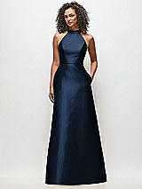 Front View Thumbnail - Midnight Navy High-Neck Cutout Satin Dress with Pockets