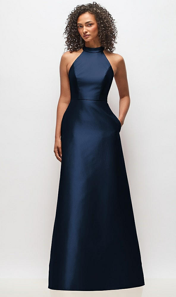 Front View - Midnight Navy High-Neck Cutout Satin Dress with Pockets