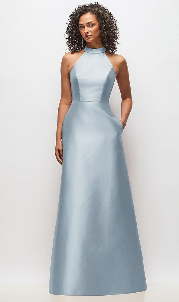 Front View - Mist High-Neck Cutout Satin Dress with Pockets