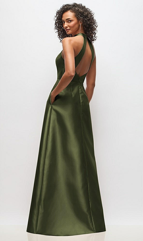 Back View - Olive Green High-Neck Cutout Satin Dress with Pockets