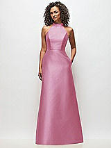 Front View Thumbnail - Powder Pink High-Neck Cutout Satin Dress with Pockets