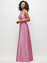Side View Thumbnail - Powder Pink High-Neck Cutout Satin Dress with Pockets