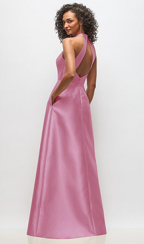 Back View - Powder Pink High-Neck Cutout Satin Dress with Pockets
