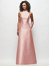 Front View Thumbnail - Rose High-Neck Cutout Satin Dress with Pockets