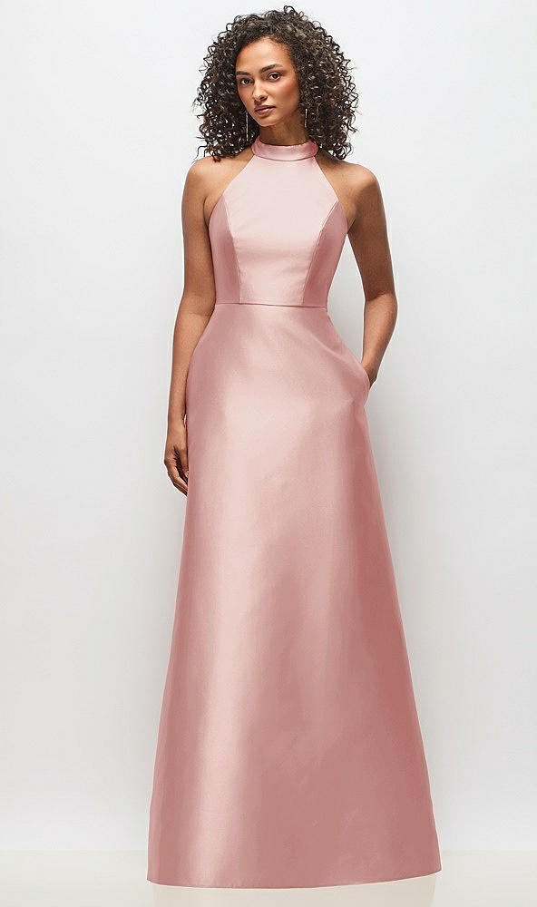 Front View - Rose High-Neck Cutout Satin Dress with Pockets