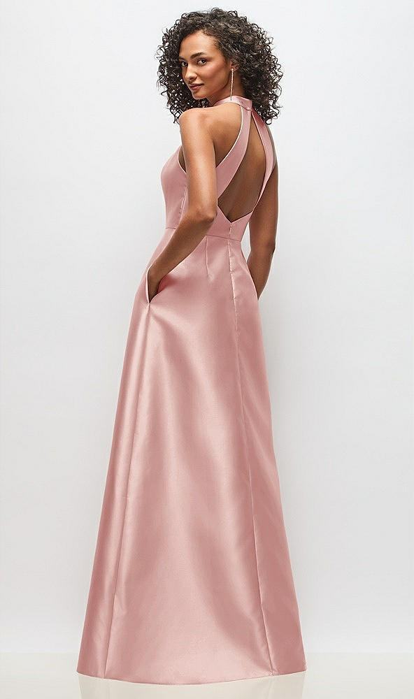 Back View - Rose High-Neck Cutout Satin Dress with Pockets
