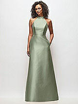 Front View Thumbnail - Sage High-Neck Cutout Satin Dress with Pockets
