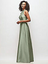 Side View Thumbnail - Sage High-Neck Cutout Satin Dress with Pockets
