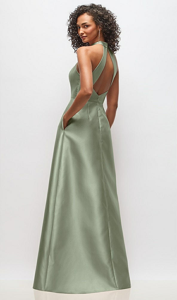 Back View - Sage High-Neck Cutout Satin Dress with Pockets