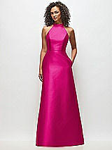 Front View Thumbnail - Think Pink High-Neck Cutout Satin Dress with Pockets
