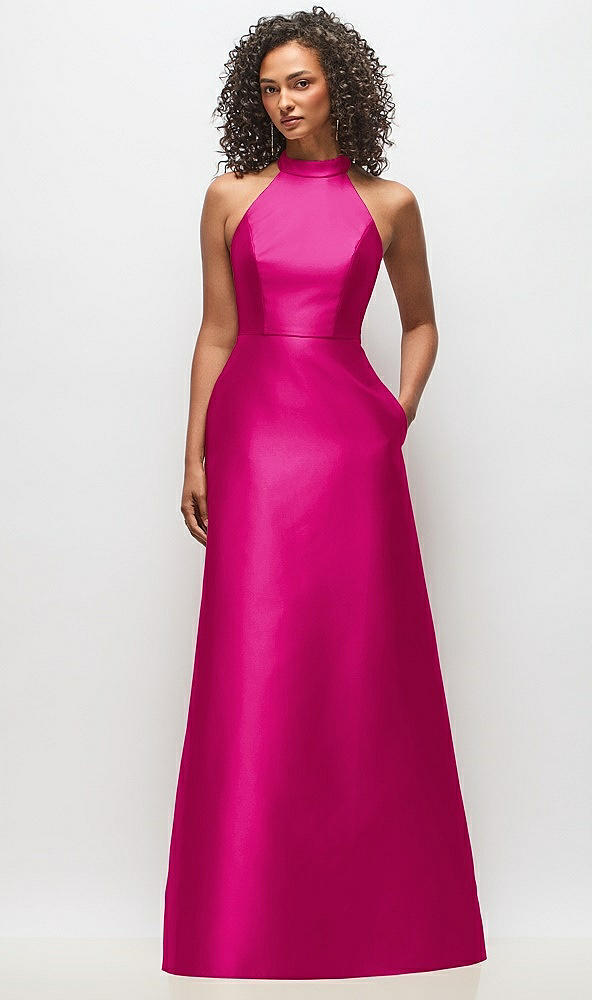 Front View - Think Pink High-Neck Cutout Satin Dress with Pockets