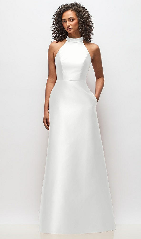Front View - White High-Neck Cutout Satin Dress with Pockets
