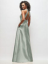 Rear View Thumbnail - Willow Green High-Neck Cutout Satin Dress with Pockets