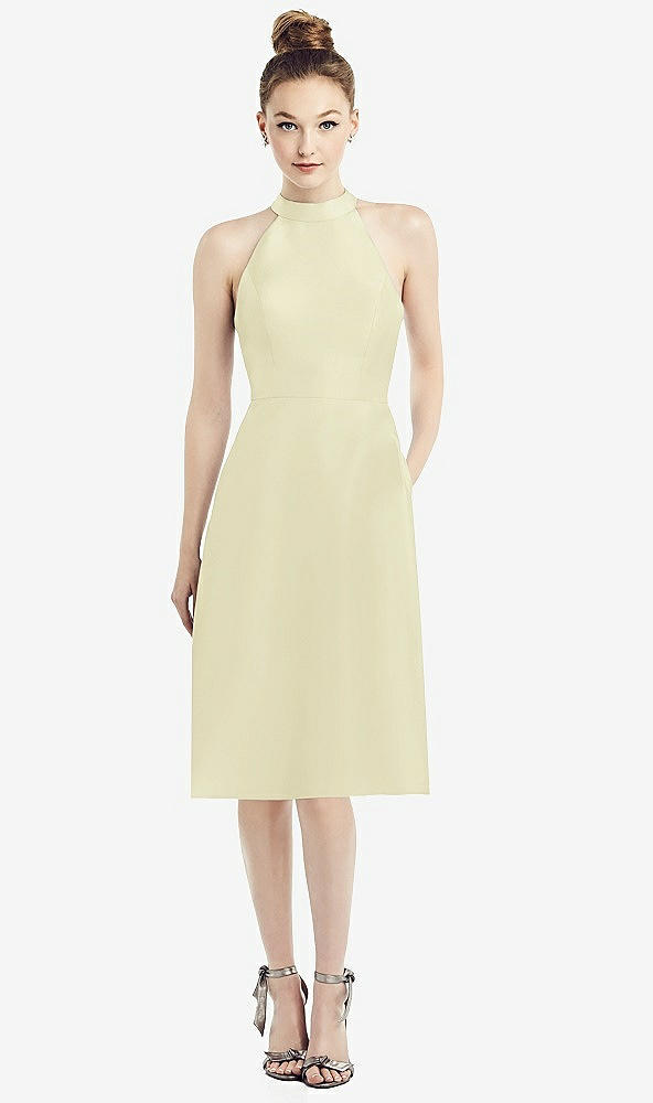 Front View - Butter Yellow High-Neck Open-Back Satin Cocktail Dress