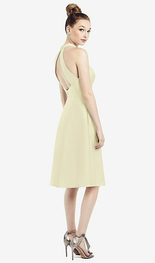 Back View - Butter Yellow High-Neck Open-Back Satin Cocktail Dress