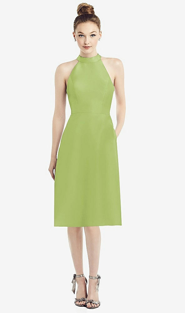 Front View - Mojito High-Neck Open-Back Satin Cocktail Dress