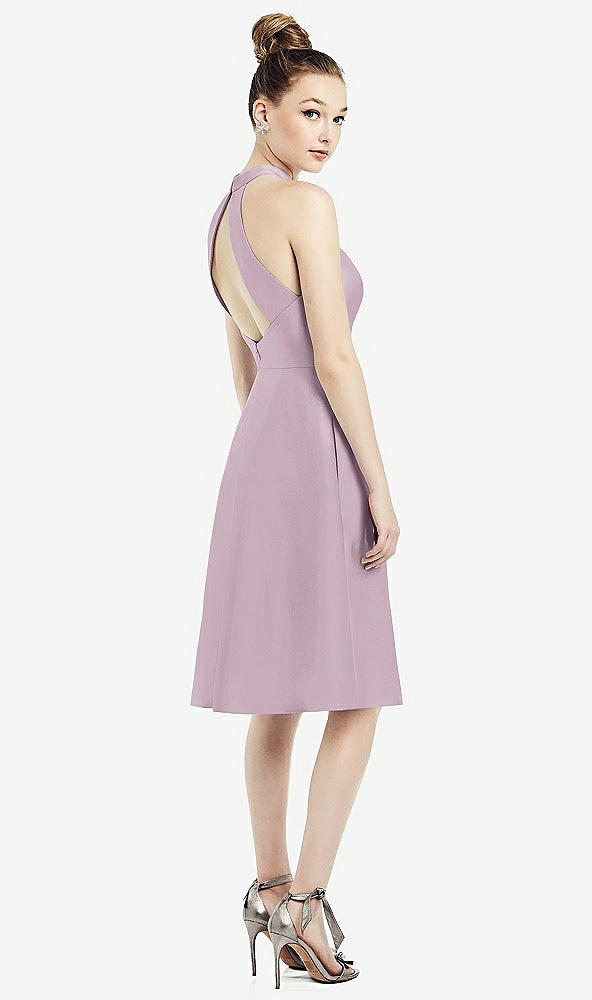 Back View - Suede Rose High-Neck Open-Back Satin Cocktail Dress