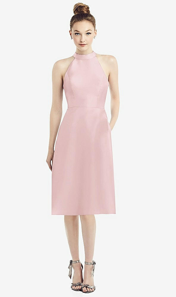 Front View - Ballet Pink High-Neck Open-Back Satin Cocktail Dress