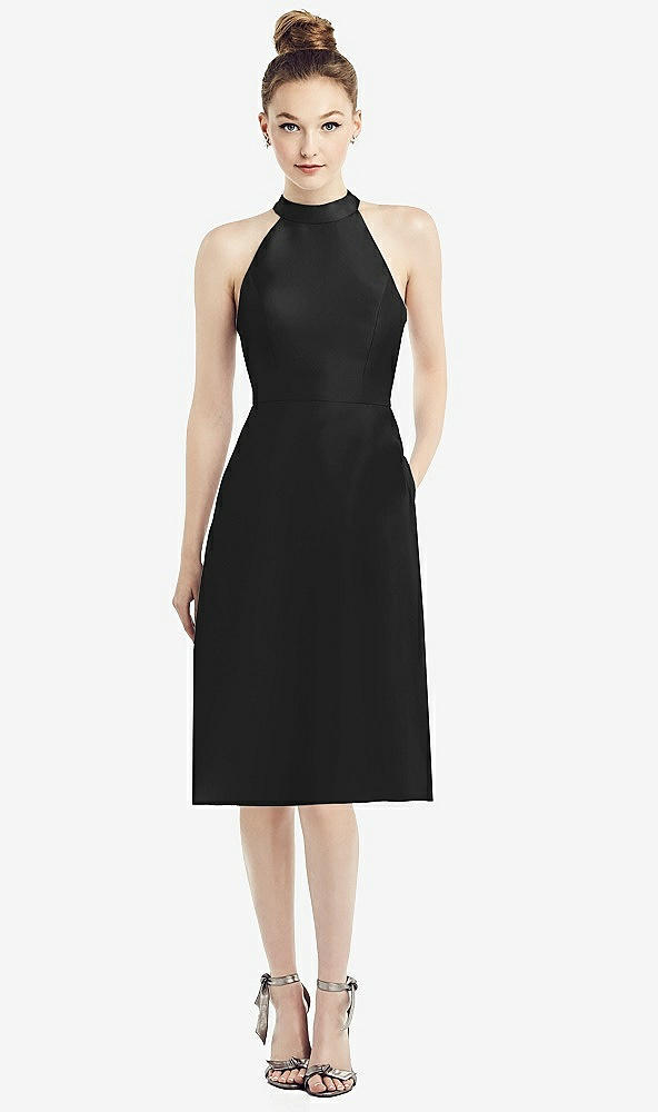 Front View - Black High-Neck Open-Back Satin Cocktail Dress