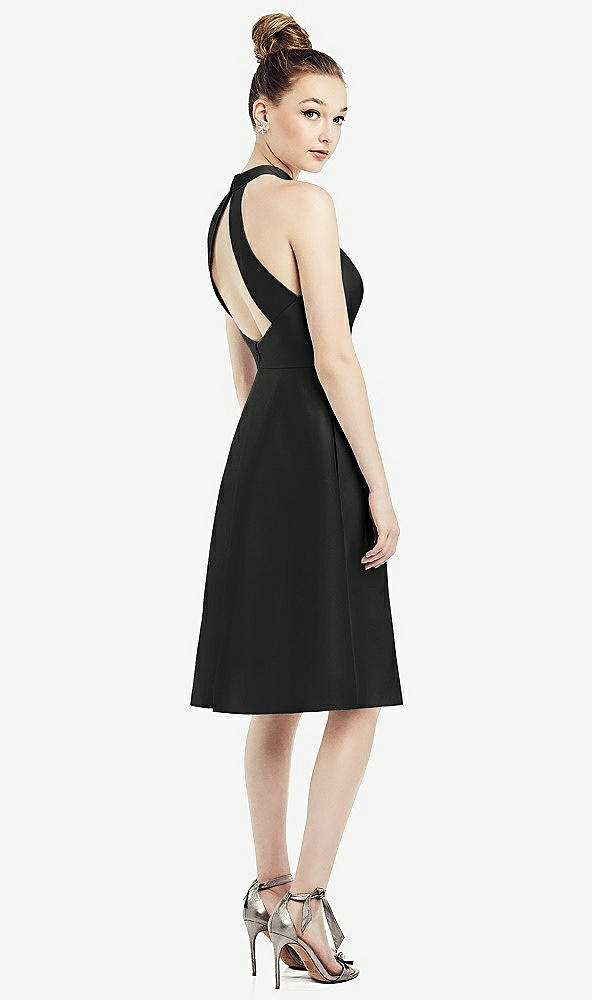 Back View - Black High-Neck Open-Back Satin Cocktail Dress