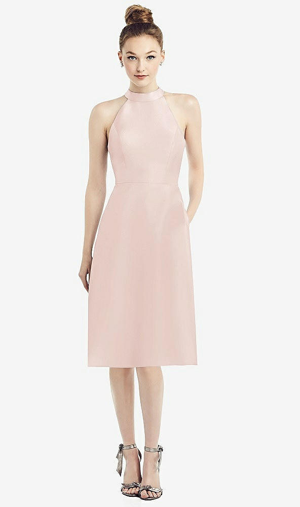 Front View - Blush High-Neck Open-Back Satin Cocktail Dress