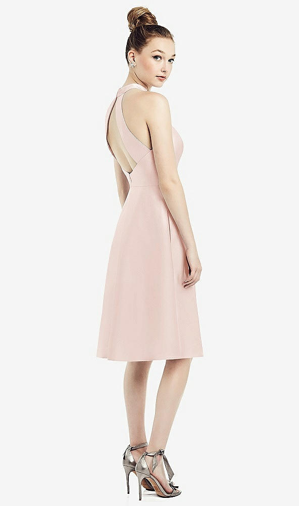Back View - Blush High-Neck Open-Back Satin Cocktail Dress