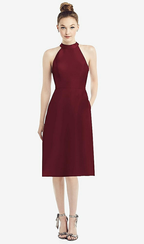 Front View - Cabernet High-Neck Open-Back Satin Cocktail Dress