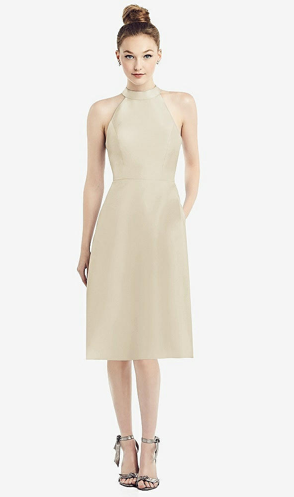 Front View - Champagne High-Neck Open-Back Satin Cocktail Dress