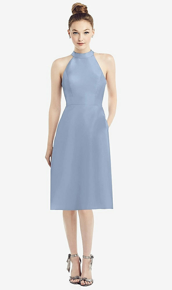 Front View - Cloudy High-Neck Open-Back Satin Cocktail Dress