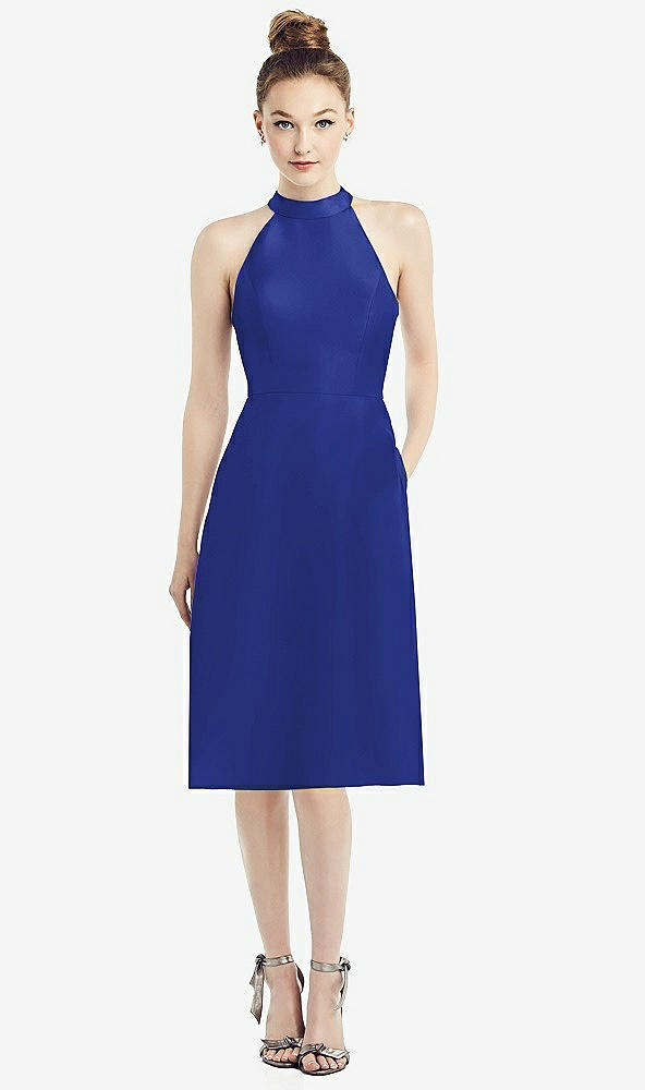 Front View - Cobalt Blue High-Neck Open-Back Satin Cocktail Dress