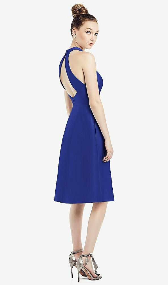 Back View - Cobalt Blue High-Neck Open-Back Satin Cocktail Dress