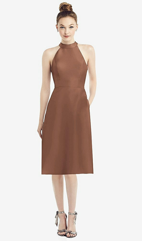 Front View - Cognac High-Neck Open-Back Satin Cocktail Dress