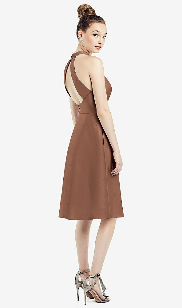 Back View - Cognac High-Neck Open-Back Satin Cocktail Dress