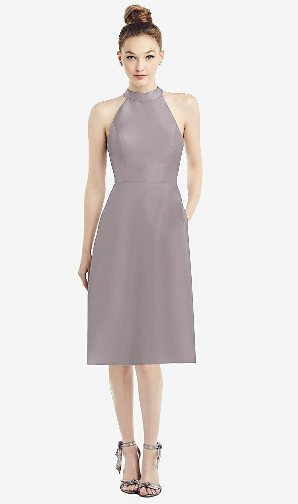Front View - Cashmere Gray High-Neck Open-Back Satin Cocktail Dress