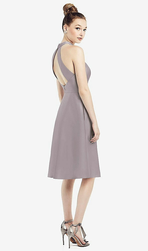 Back View - Cashmere Gray High-Neck Open-Back Satin Cocktail Dress