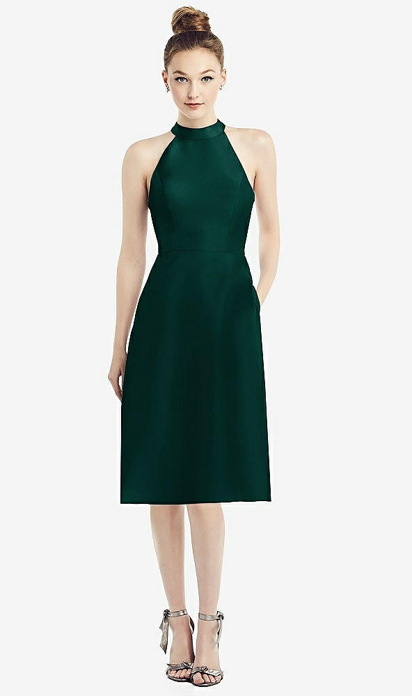 Front View - Evergreen High-Neck Open-Back Satin Cocktail Dress