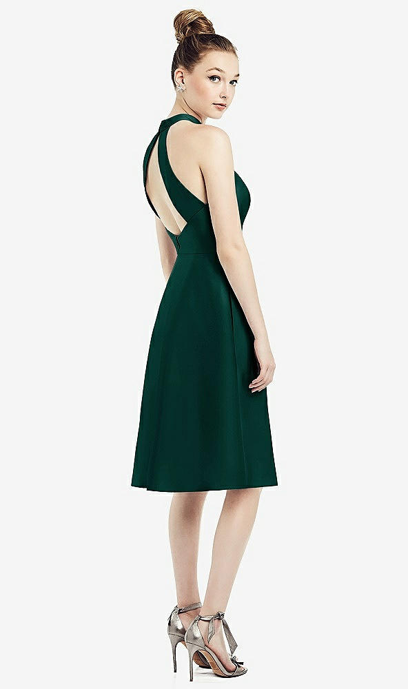 Back View - Evergreen High-Neck Open-Back Satin Cocktail Dress
